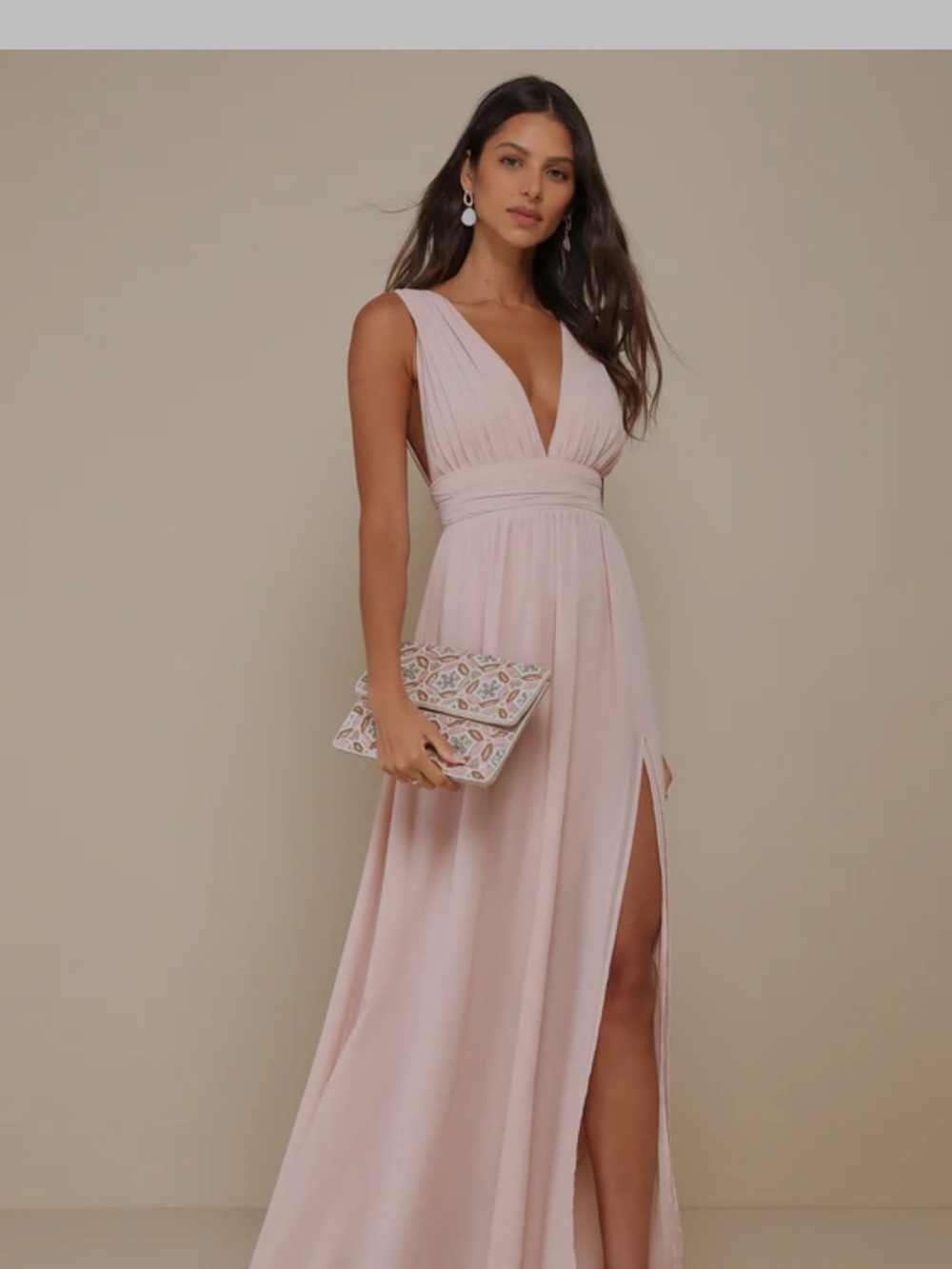Lulu's Blush Pink Deep V Maxi Dress with Thigh Slit